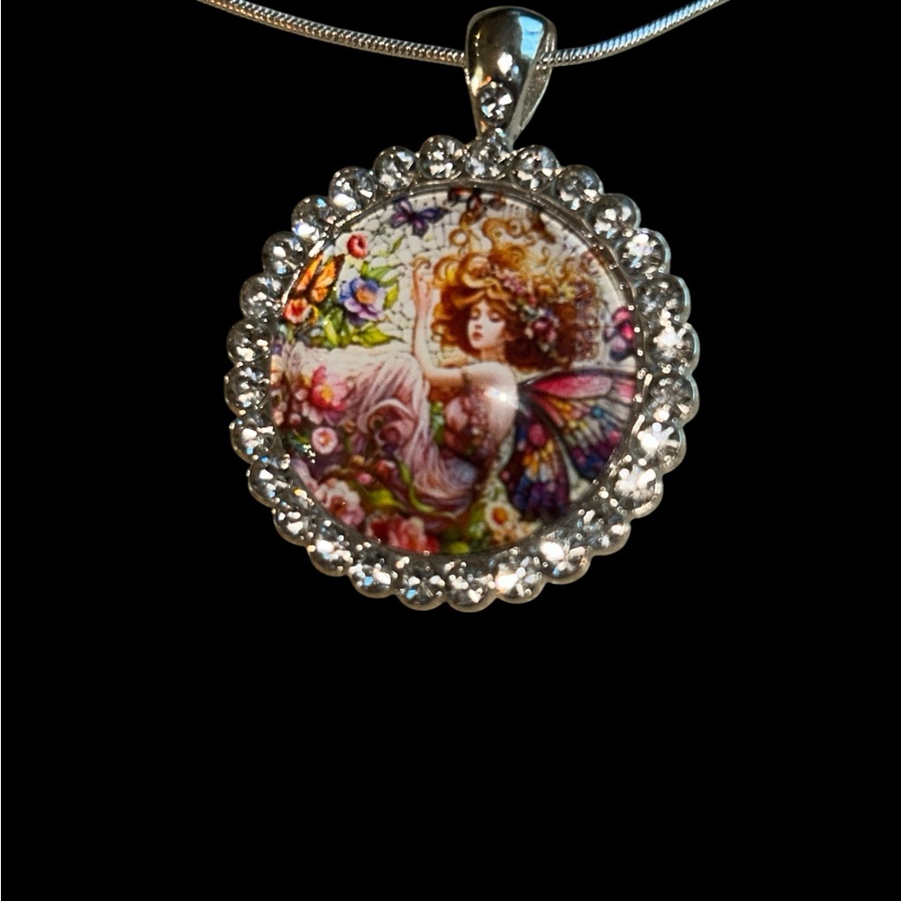 Silver Floral Fairy 1 inch Pendant Necklace - Multicolor with rhinestones